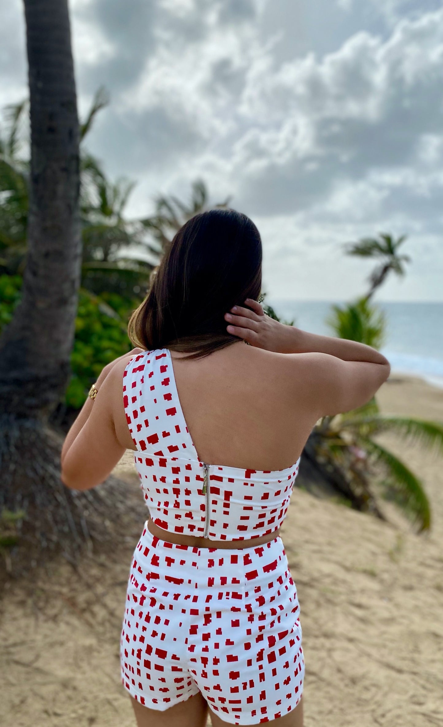Women Two Piece Set, White & Red Dots, Medium to Large