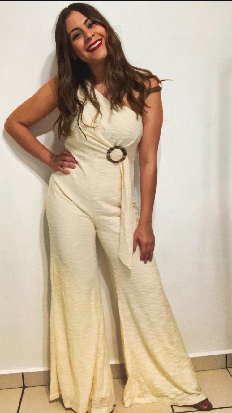 Women One Shoulder Jumpsuit, Ivory, Small and Large