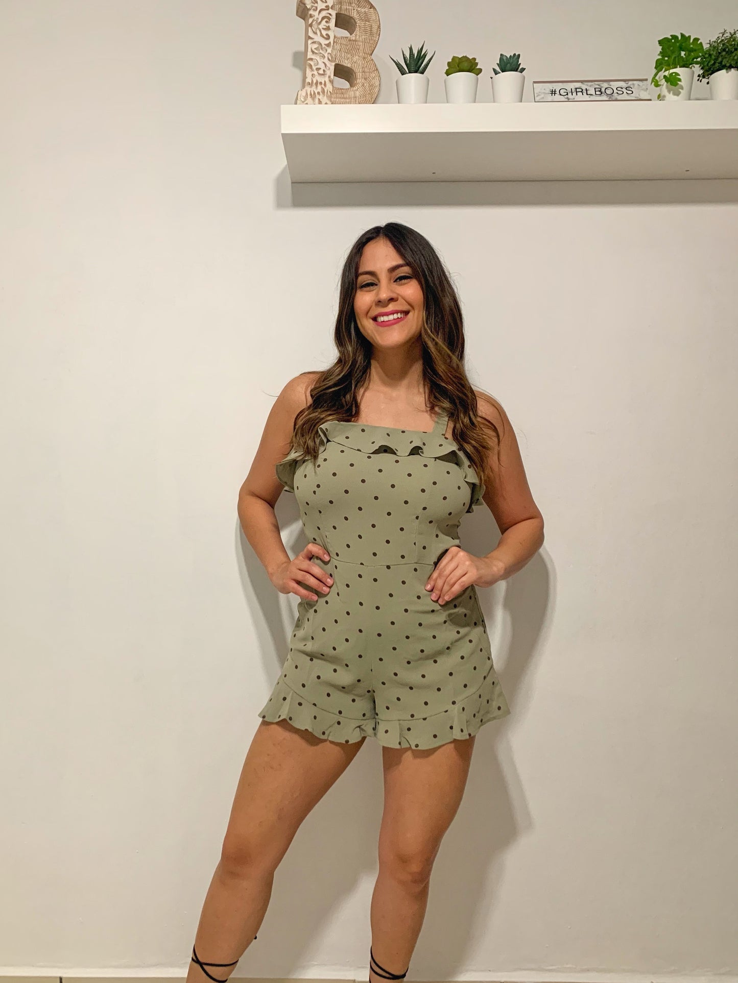 Women Romper, Olive and Polka Dots, Small to Large