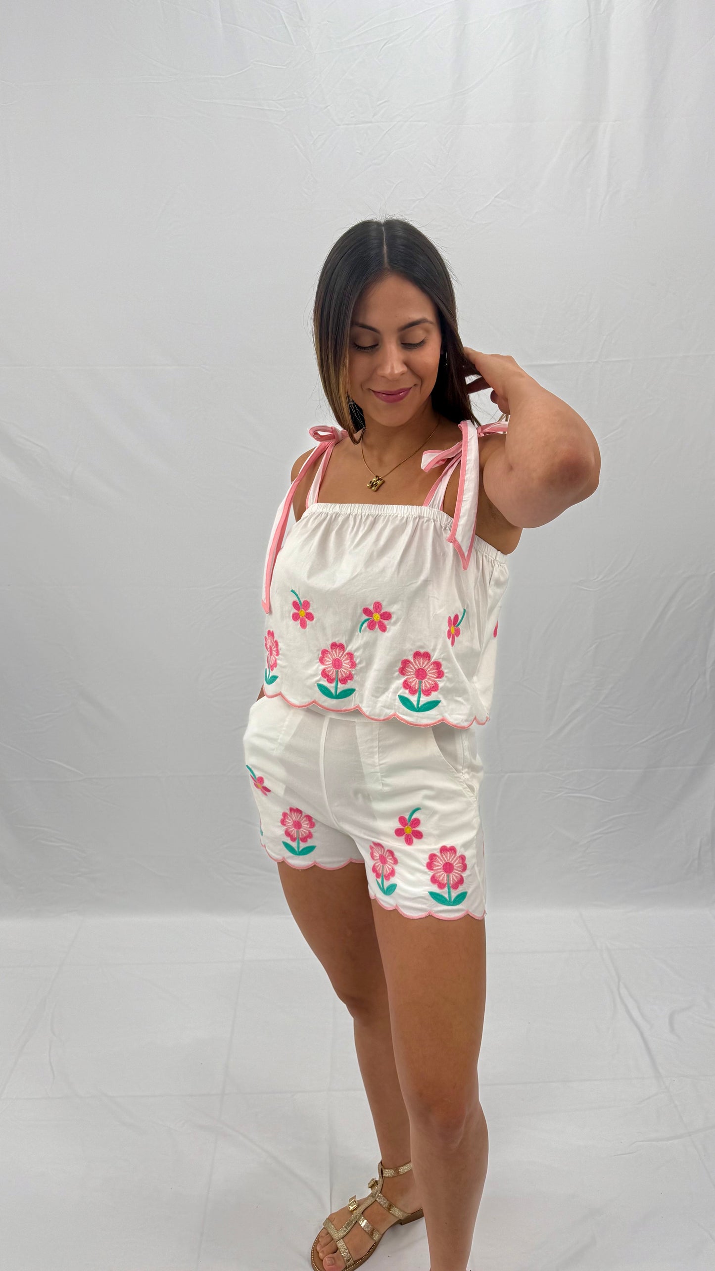 White, Floral & Pink Cotton Top And Short Set, Small, Medium & Large