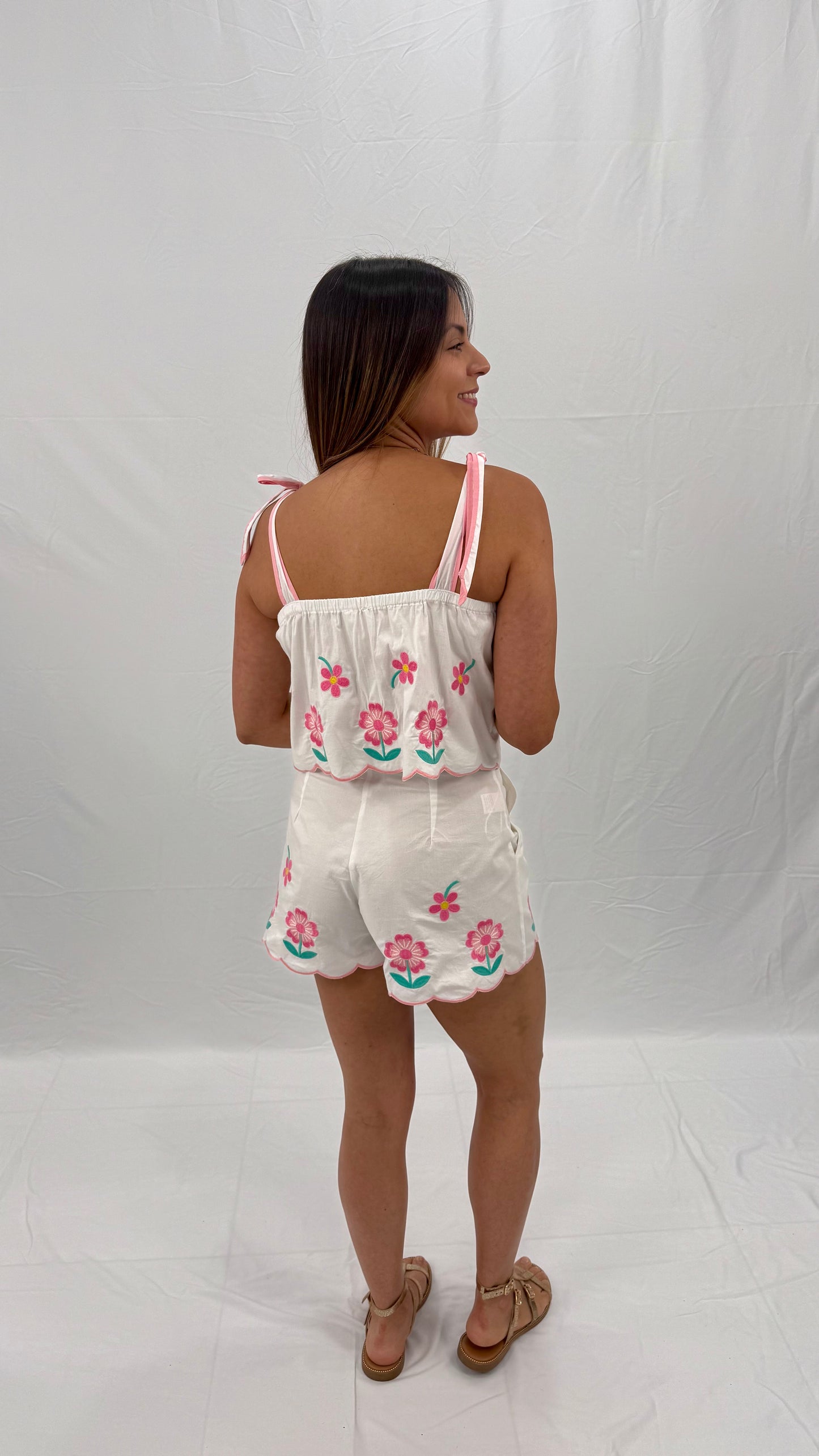 White, Floral & Pink Cotton Top And Short Set, Small, Medium & Large