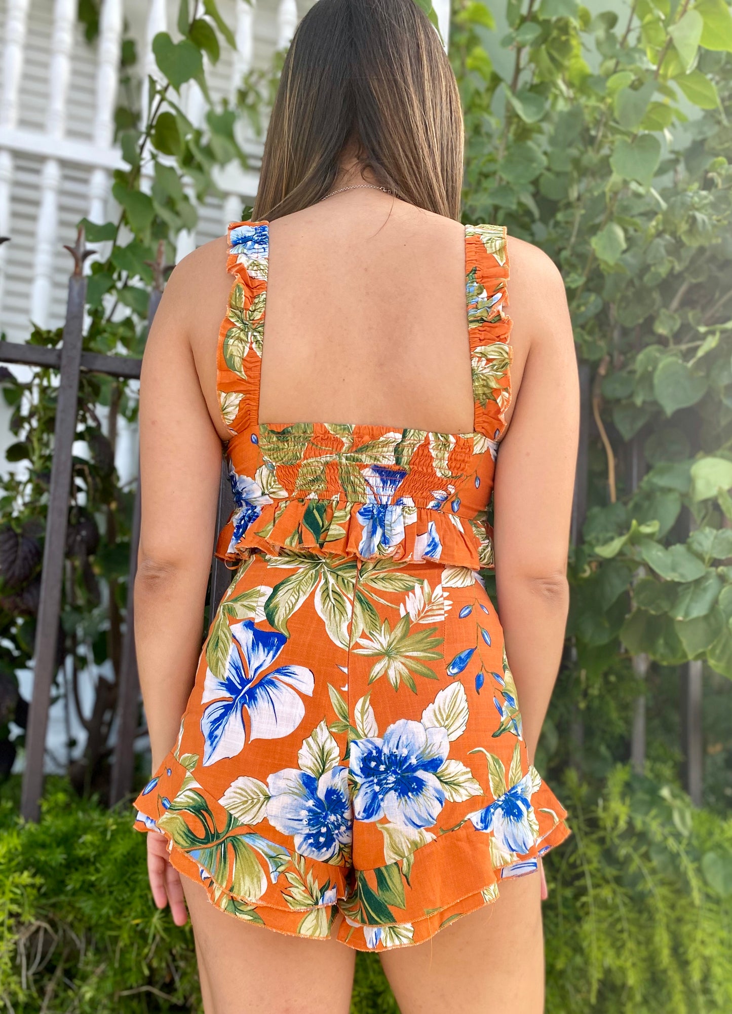 Women Two Piece Set, Orange and Flower, Small to Medium
