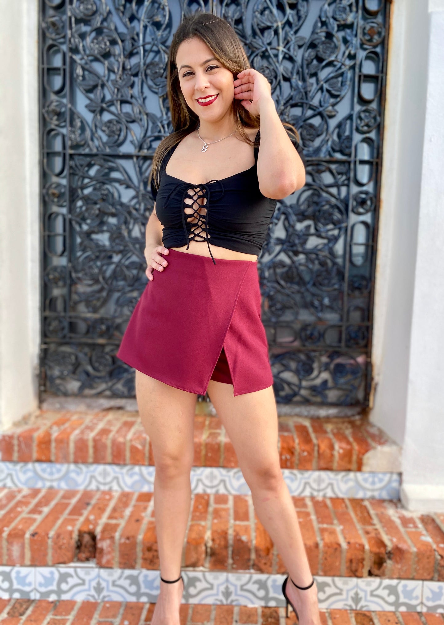 Women High Waist Skort, Burgundy, Small to Large