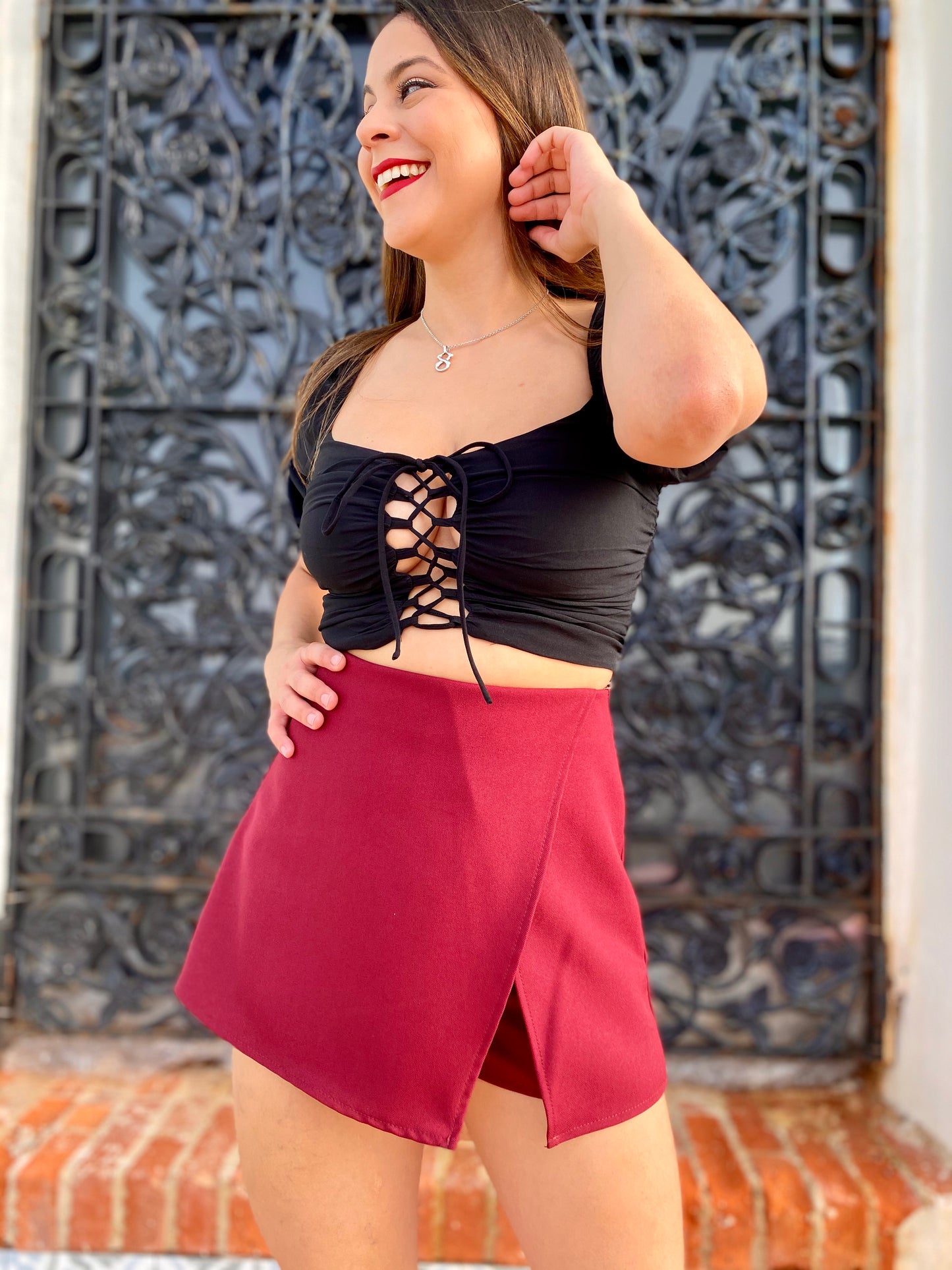 Women High Waist Skort, Burgundy, Small to Large