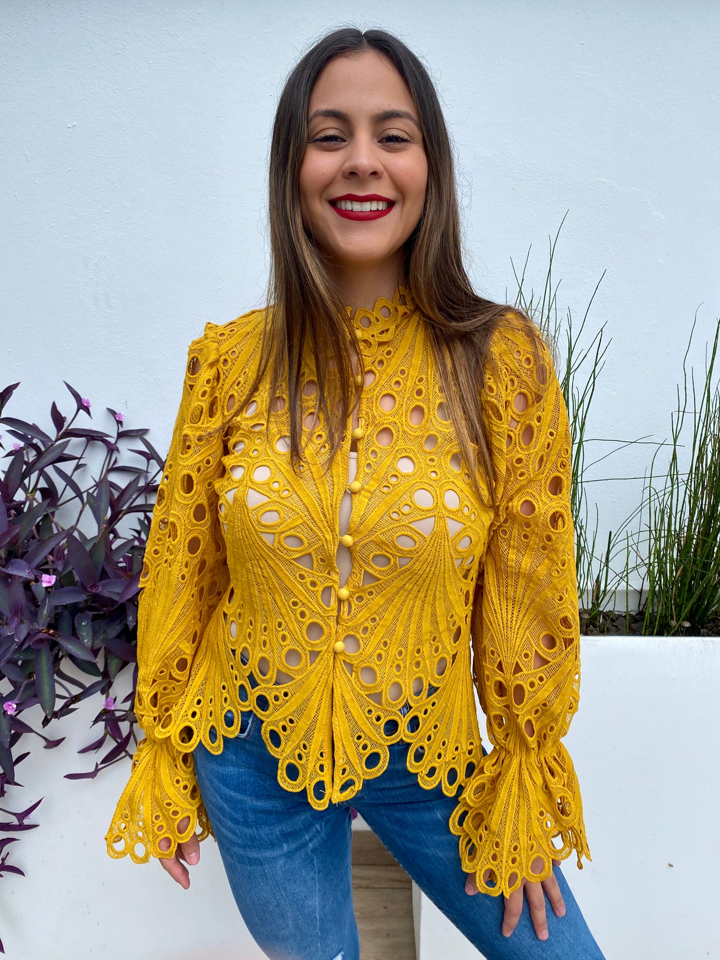Women Long Sleeve Top, Mustard Laced, Small