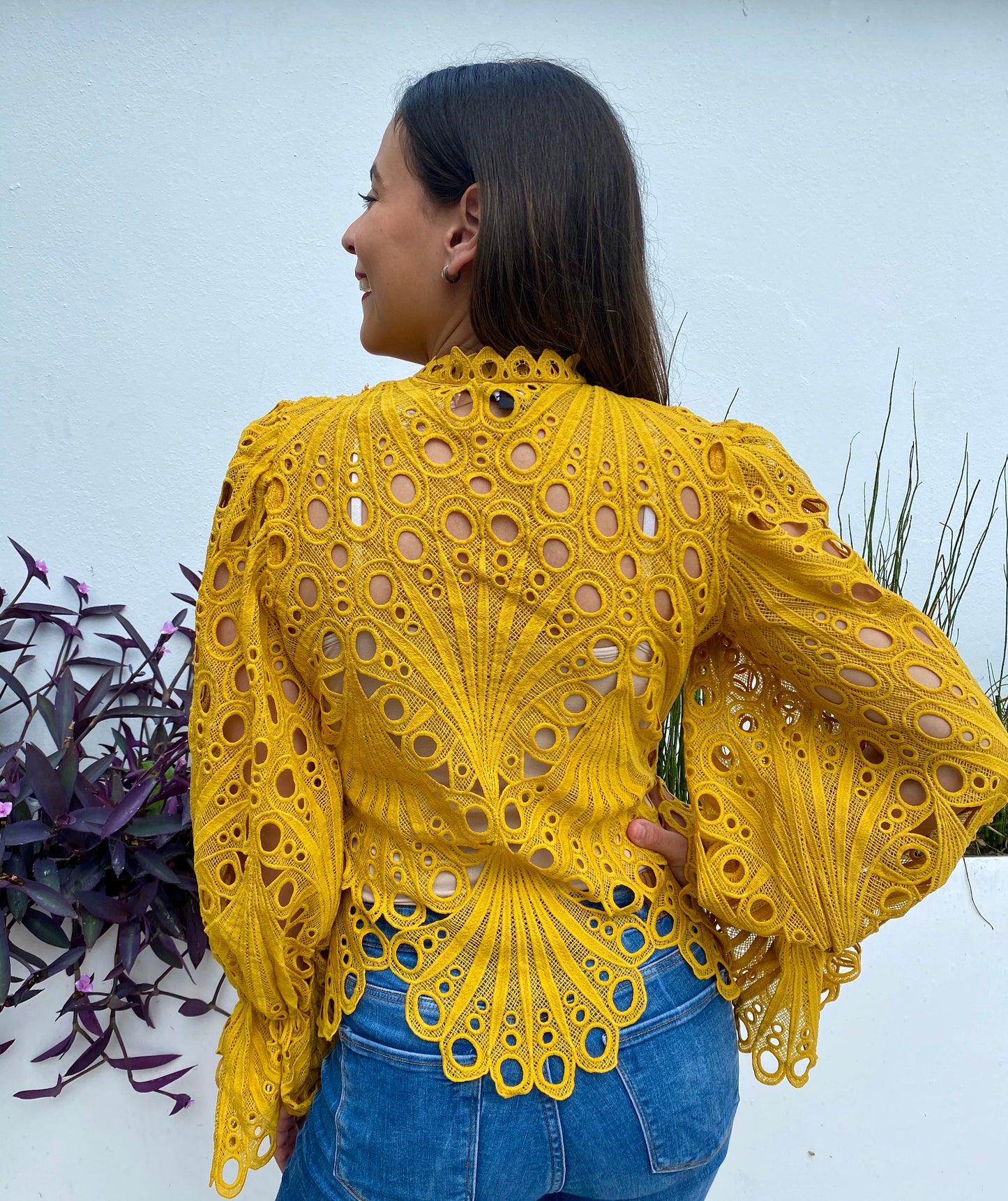 Women Long Sleeve Top, Mustard Laced, Small