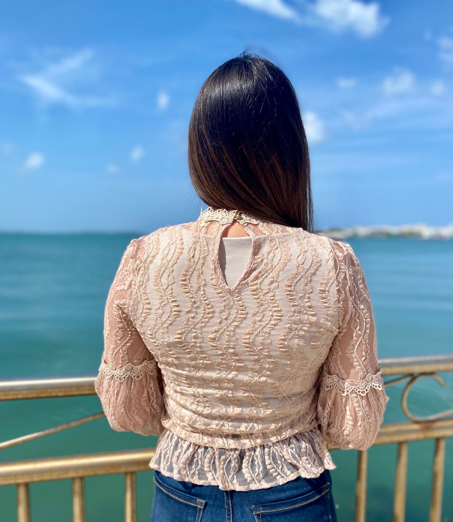 Women Lace Long Sleeve Top, Taupe, Small to Large
