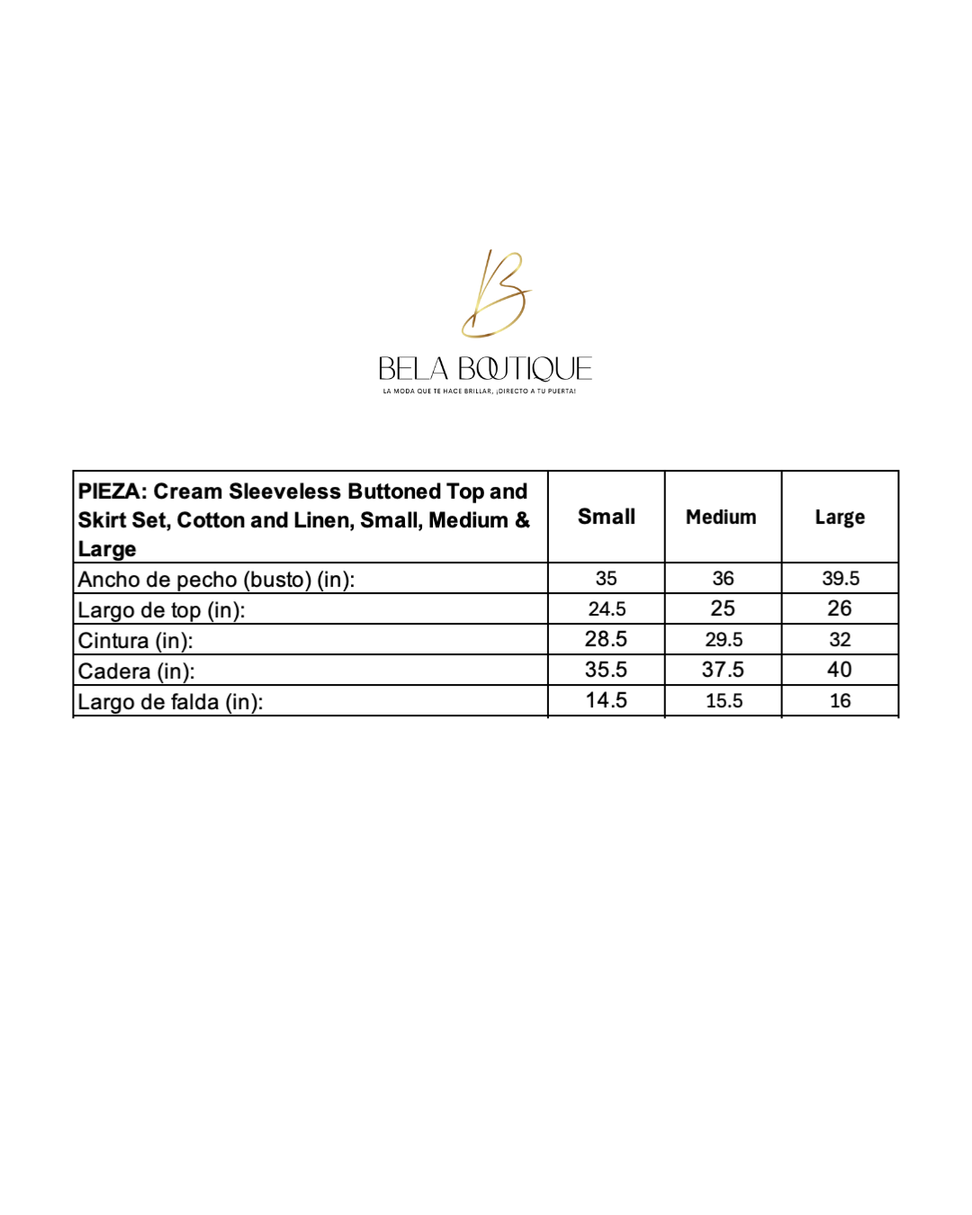 Cream Sleeveless Buttoned Top and Skirt Set, Cotton and Linen, Small, Medium & Large