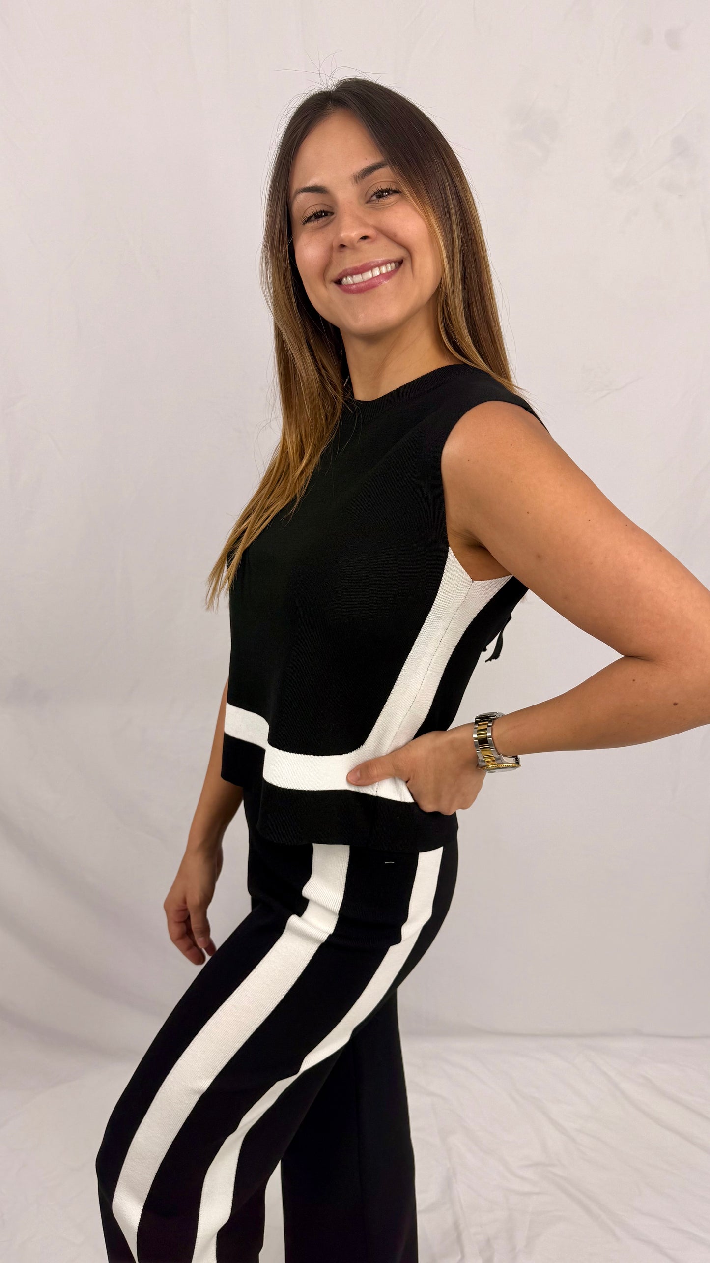 Renacer: Black & White Stripes Cotton Top And Pant Set