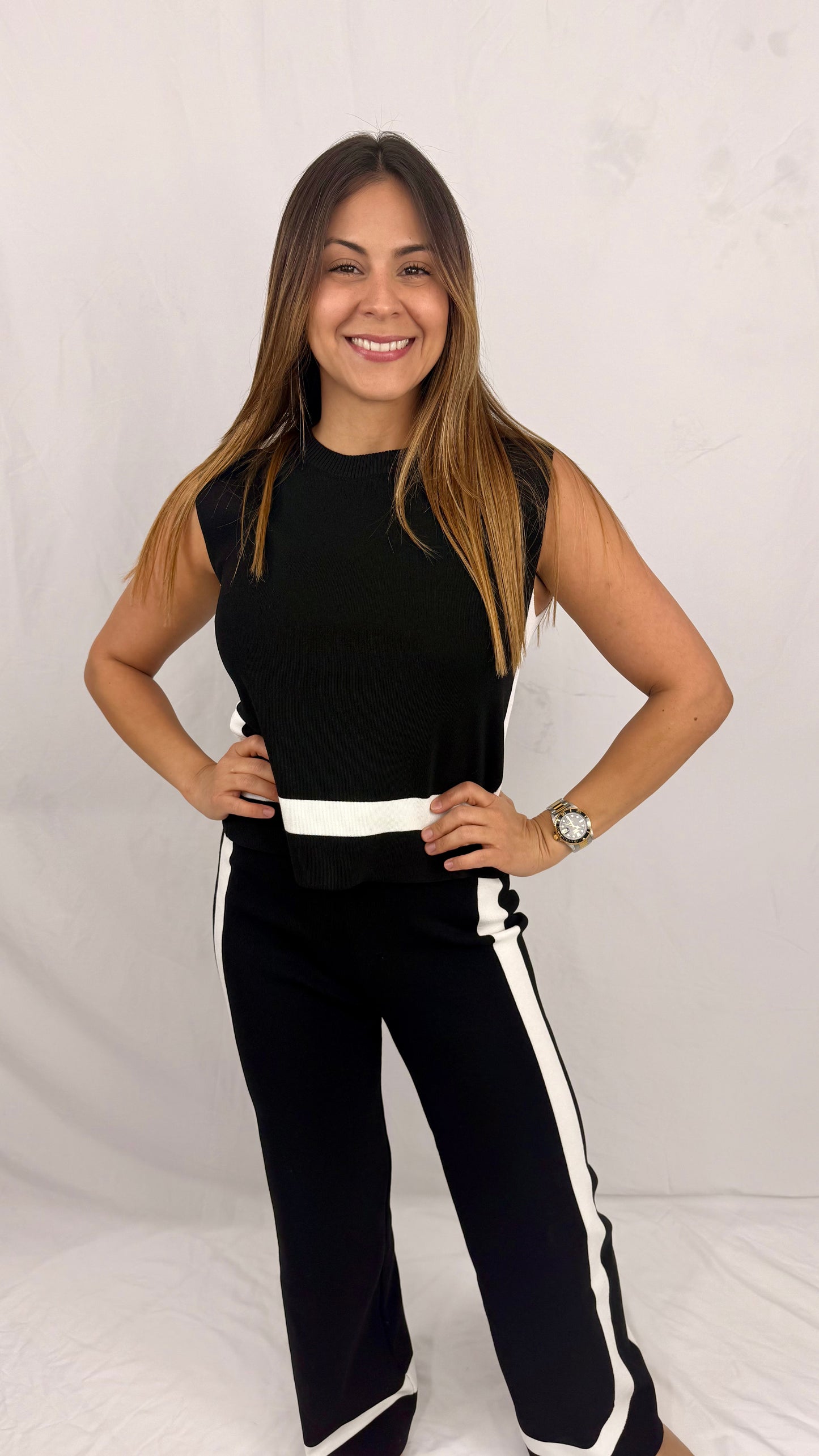 Renacer: Black & White Stripes Cotton Top And Pant Set