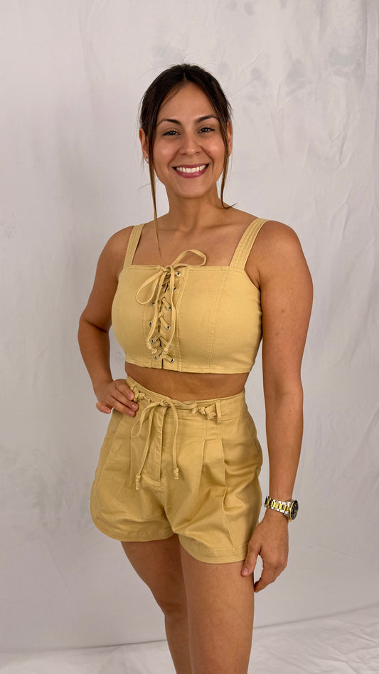 Renacer: Beige Cotton Top And Short Set