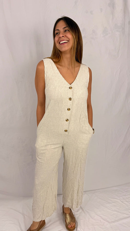 Renacer: Oatmeal & Black Stripe, Viscose & Linen, Jumpsuit