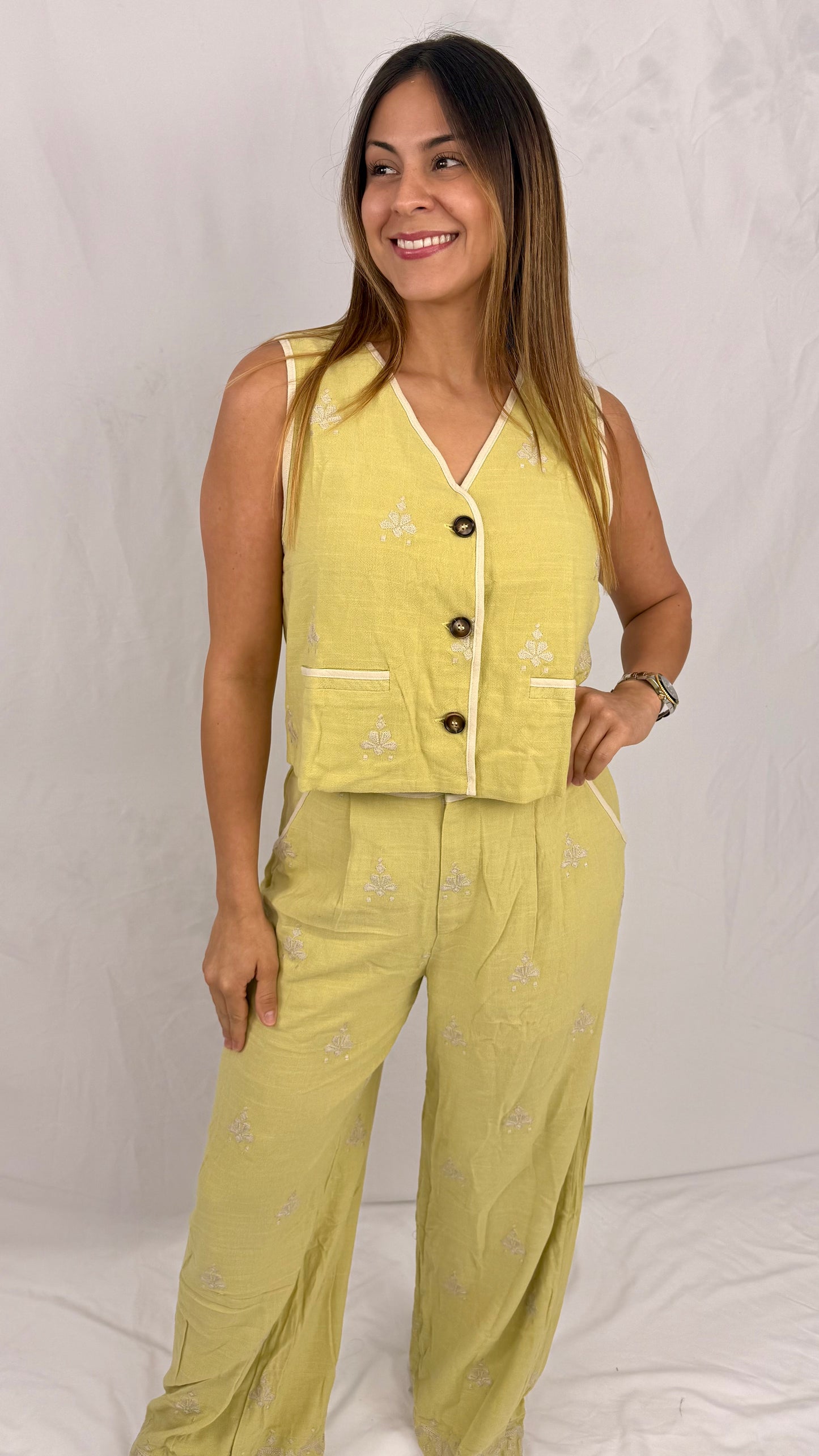 Renacer: Lime, Olive & Cream Cotton Top And Pant Set