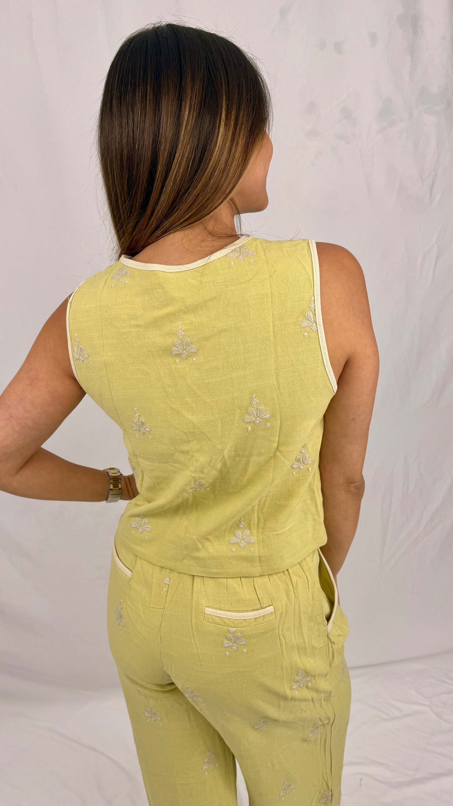 Renacer: Lime, Olive & Cream Cotton Top And Pant Set