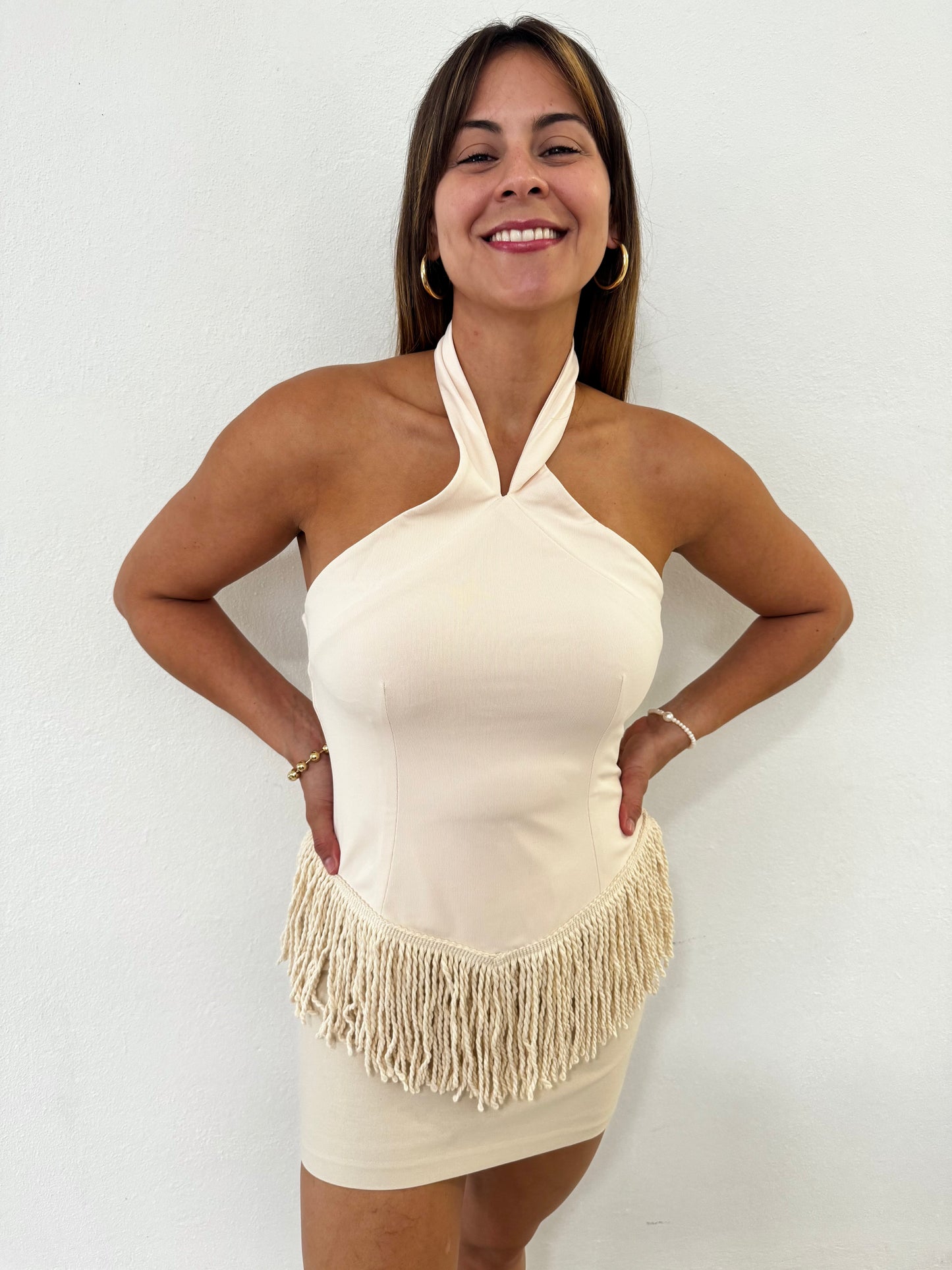 Cream Fringe Halter Neck Top, Polyester, Small, Medium & Large