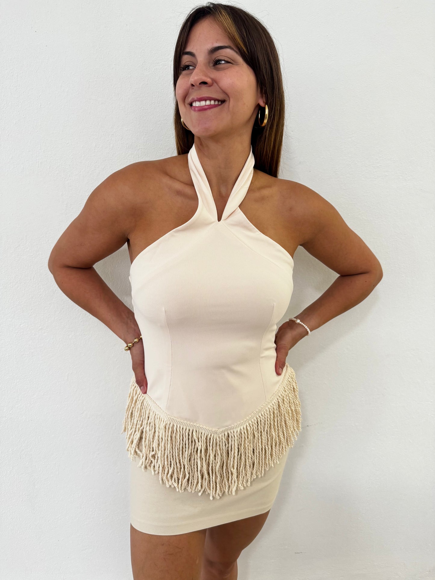 Cream Fringe Halter Neck Top, Polyester, Small, Medium & Large