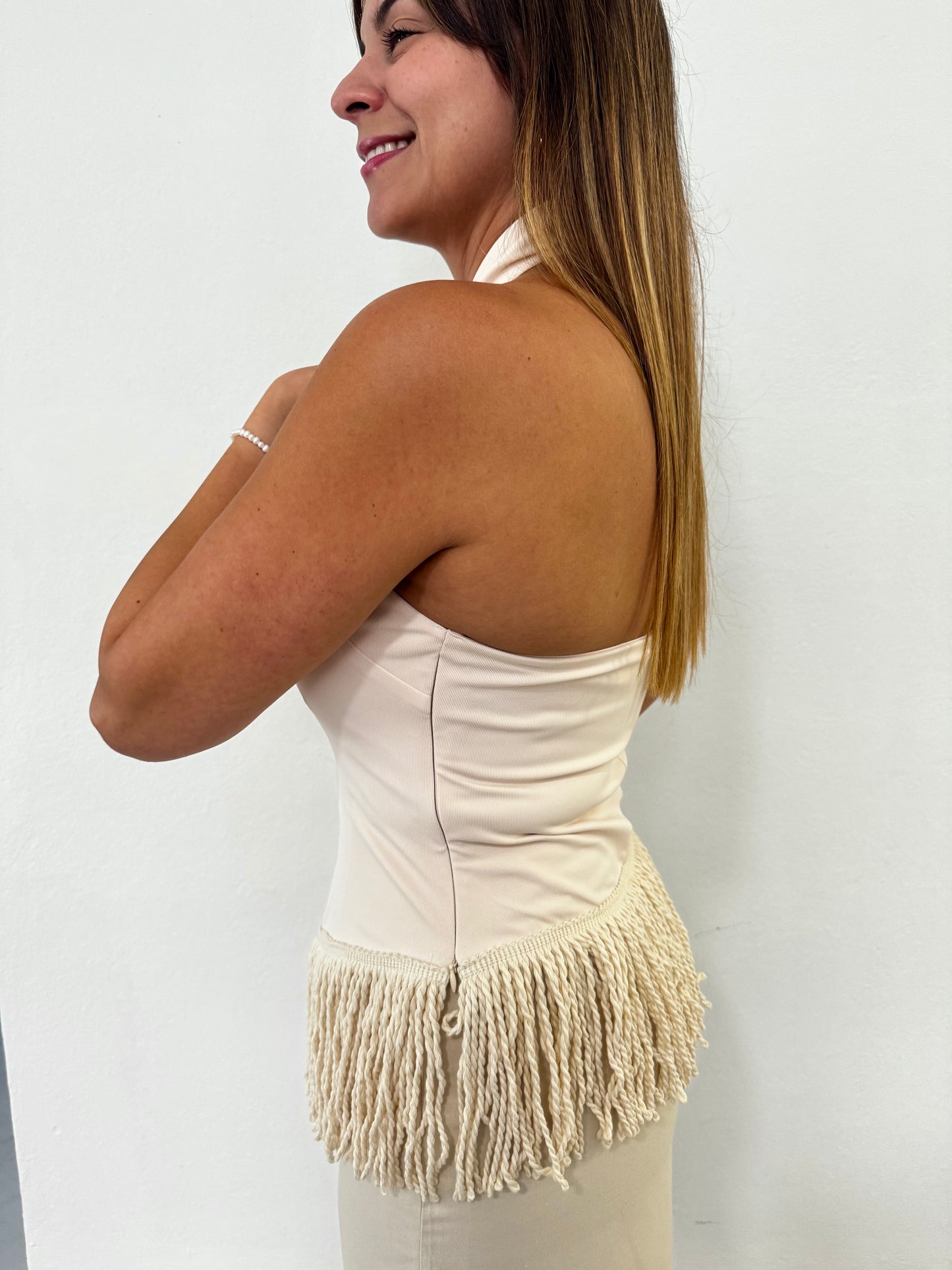 Cream Fringe Halter Neck Top, Polyester, Small, Medium & Large