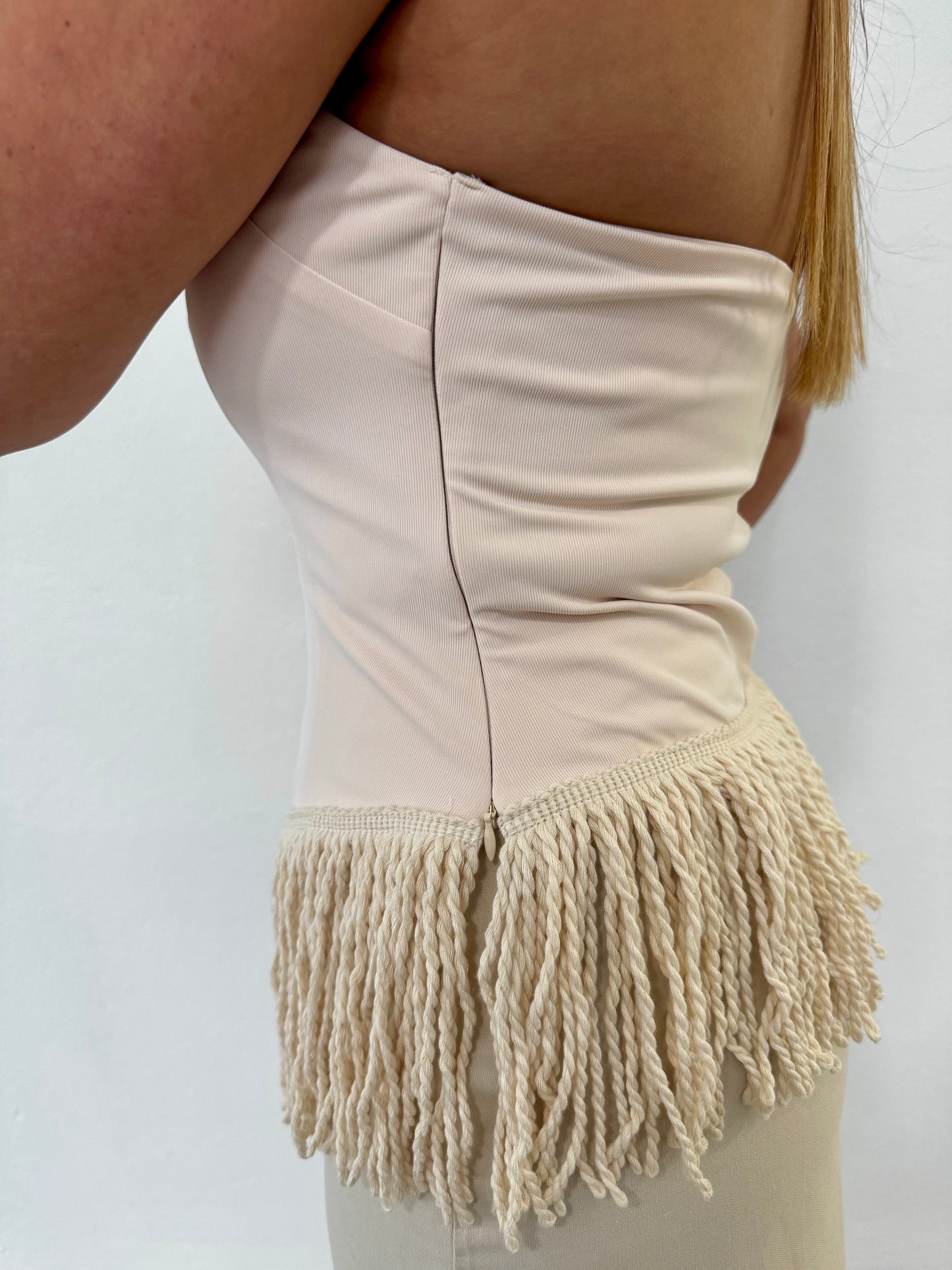 Cream Fringe Halter Neck Top, Polyester, Small, Medium & Large