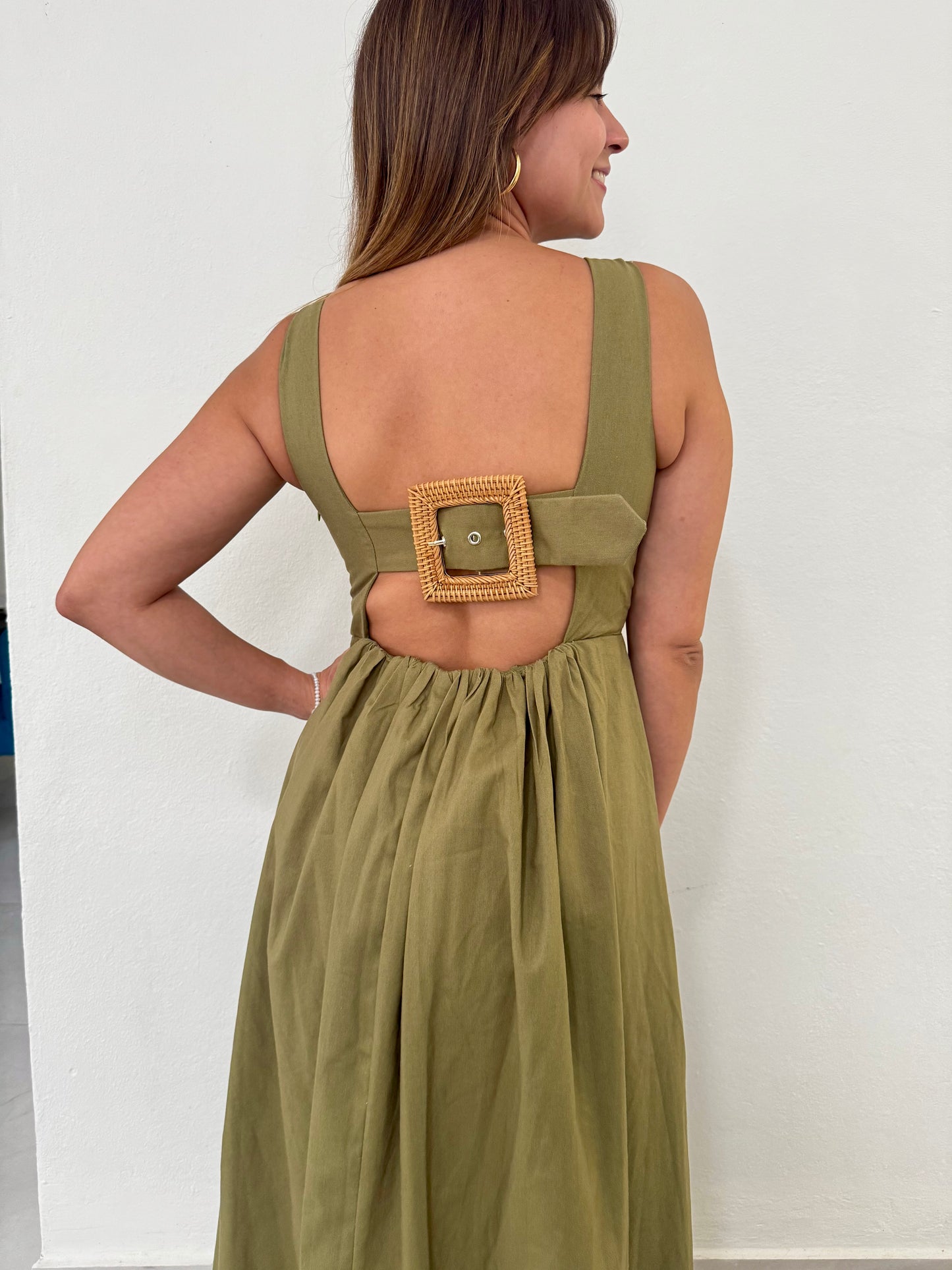Olive Back Bow Detail Button-front Maxi Dress, Cotton and Linen, Small, Medium & Large