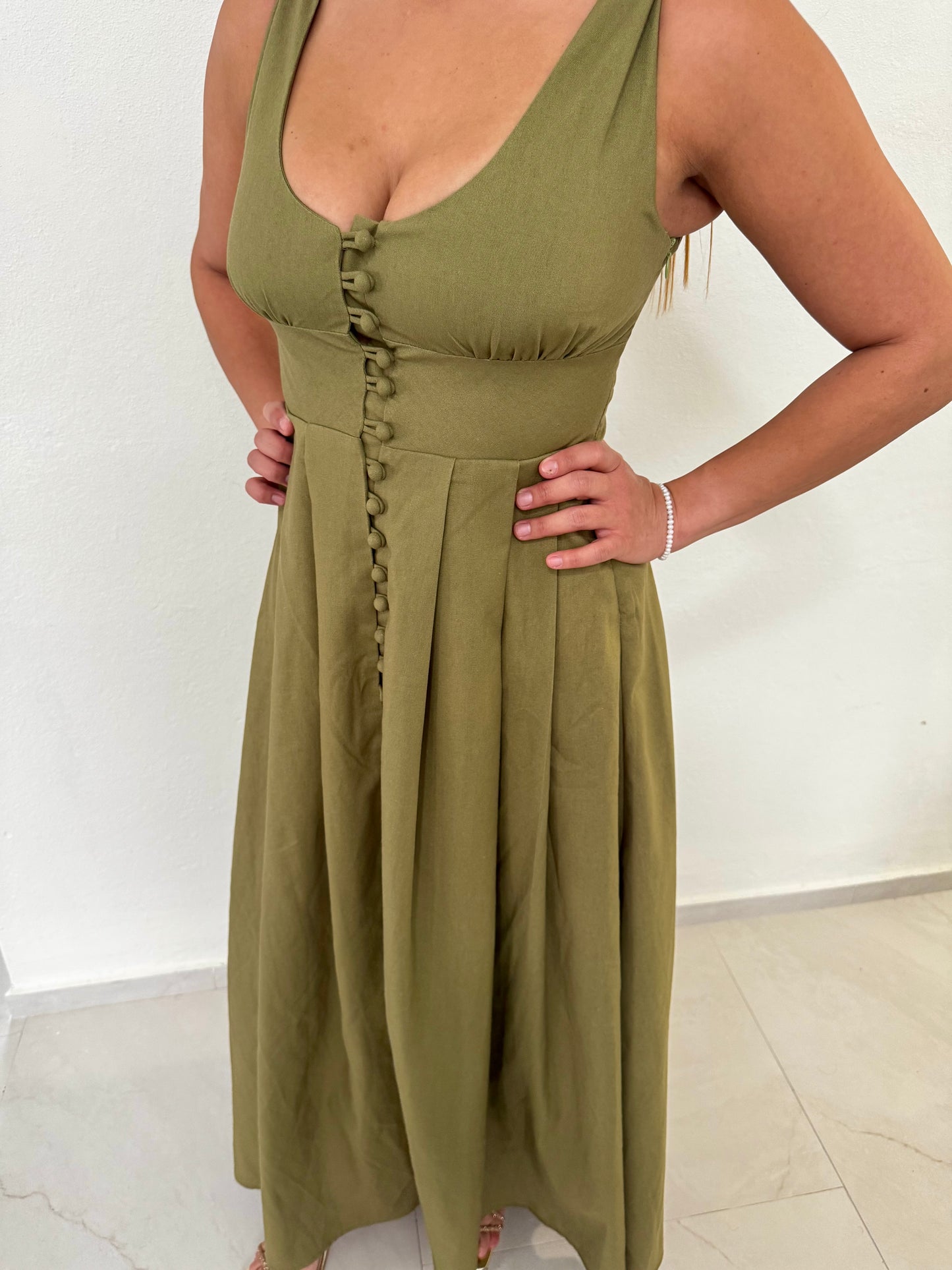Olive Back Bow Detail Button-front Maxi Dress, Cotton and Linen, Small, Medium & Large