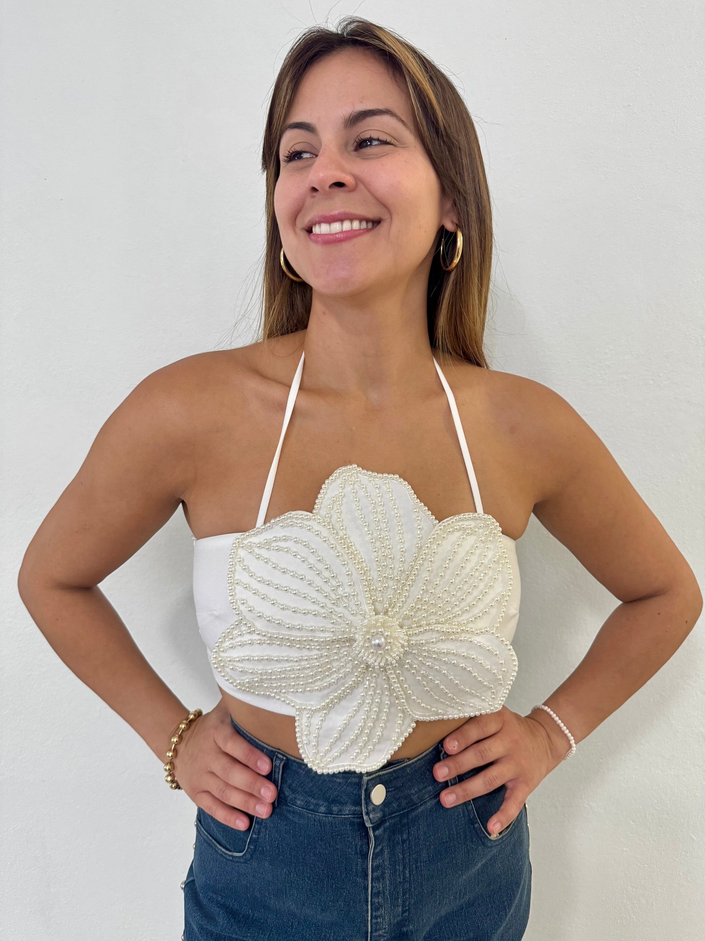 Pearl Embellished Floral Halter Crop Top, Cotton and Linen, Small, Medium & Large