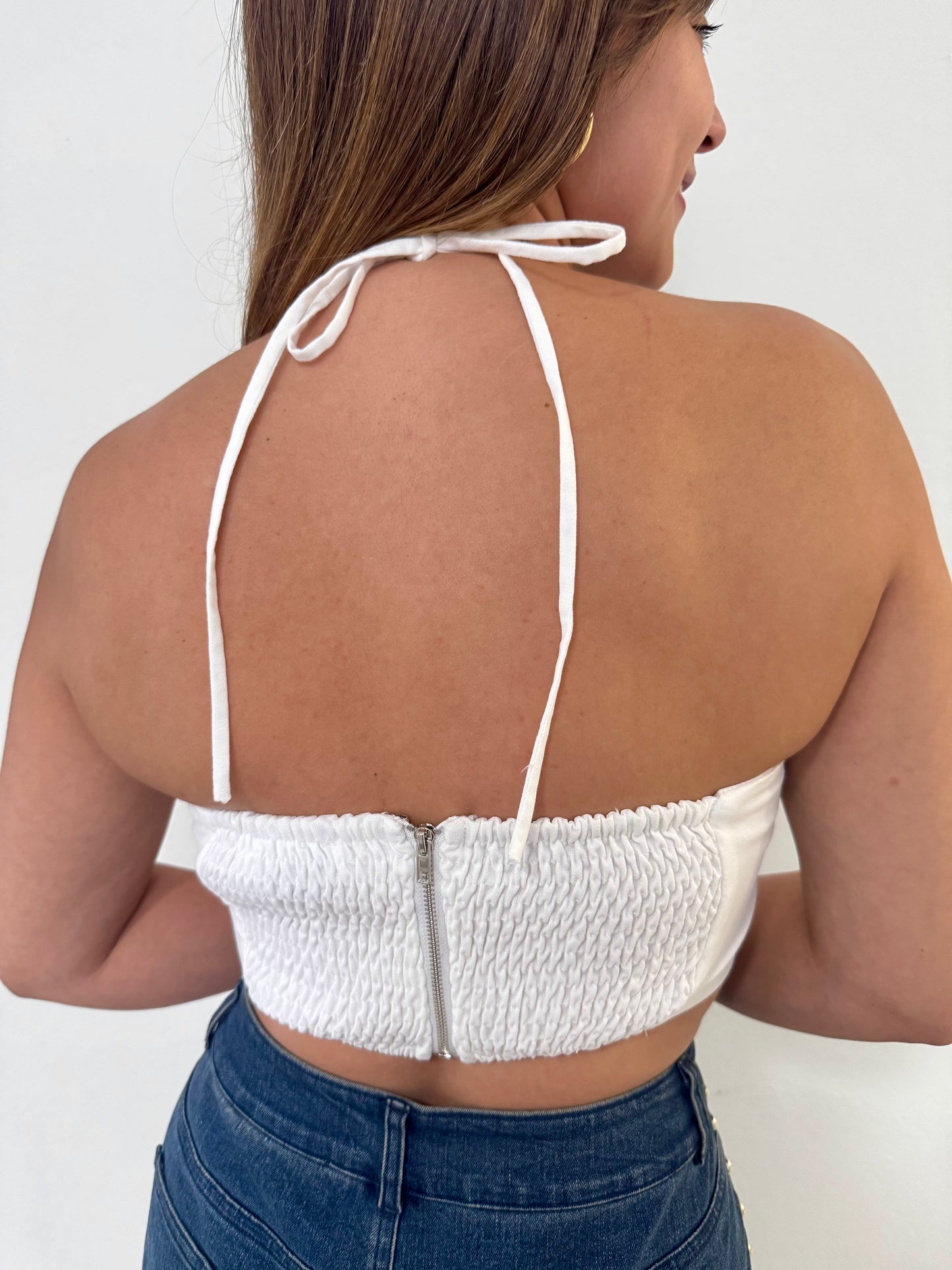 Pearl Embellished Floral Halter Crop Top, Cotton and Linen, Small, Medium & Large