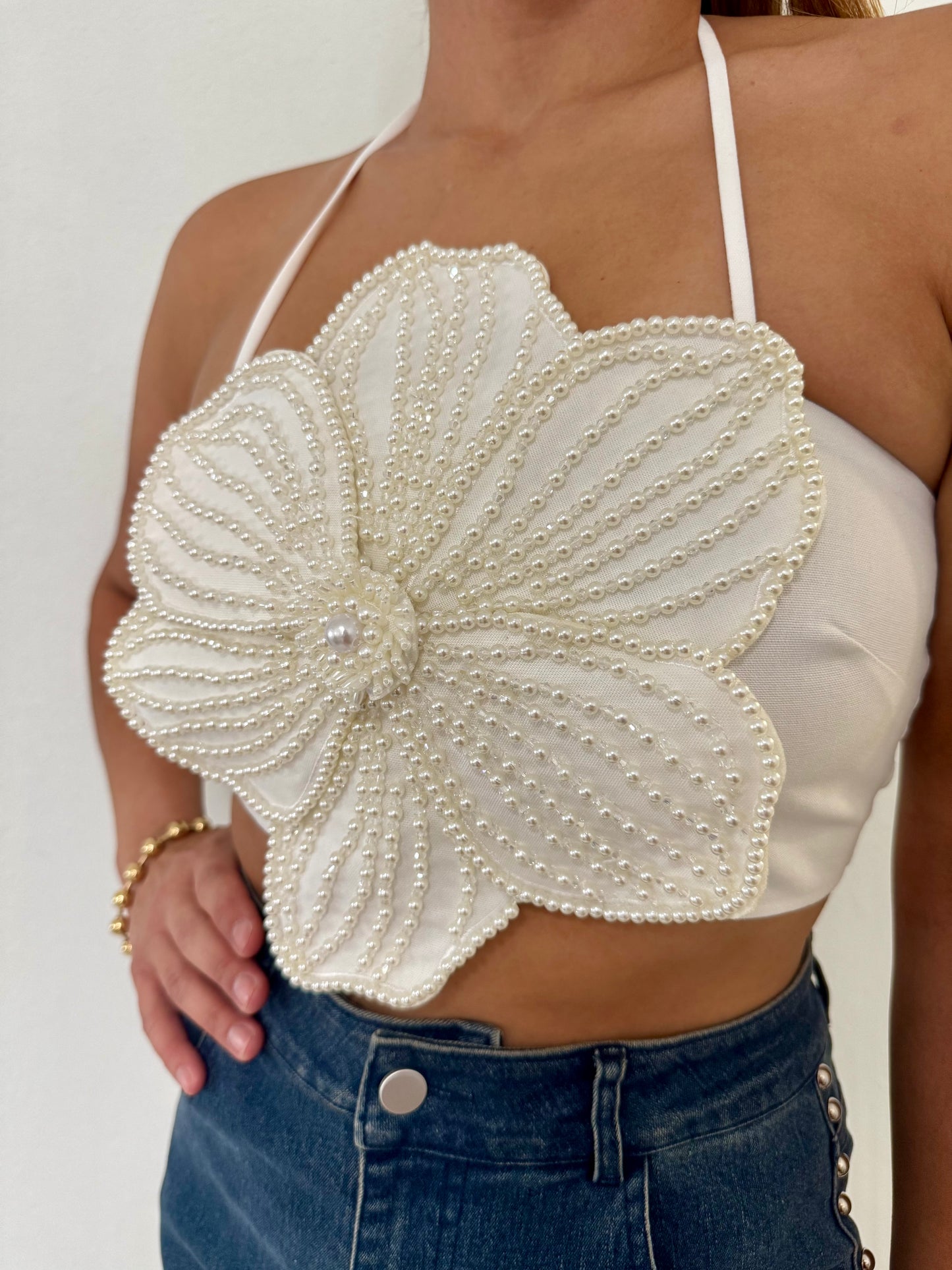 Pearl Embellished Floral Halter Crop Top, Cotton and Linen, Small, Medium & Large