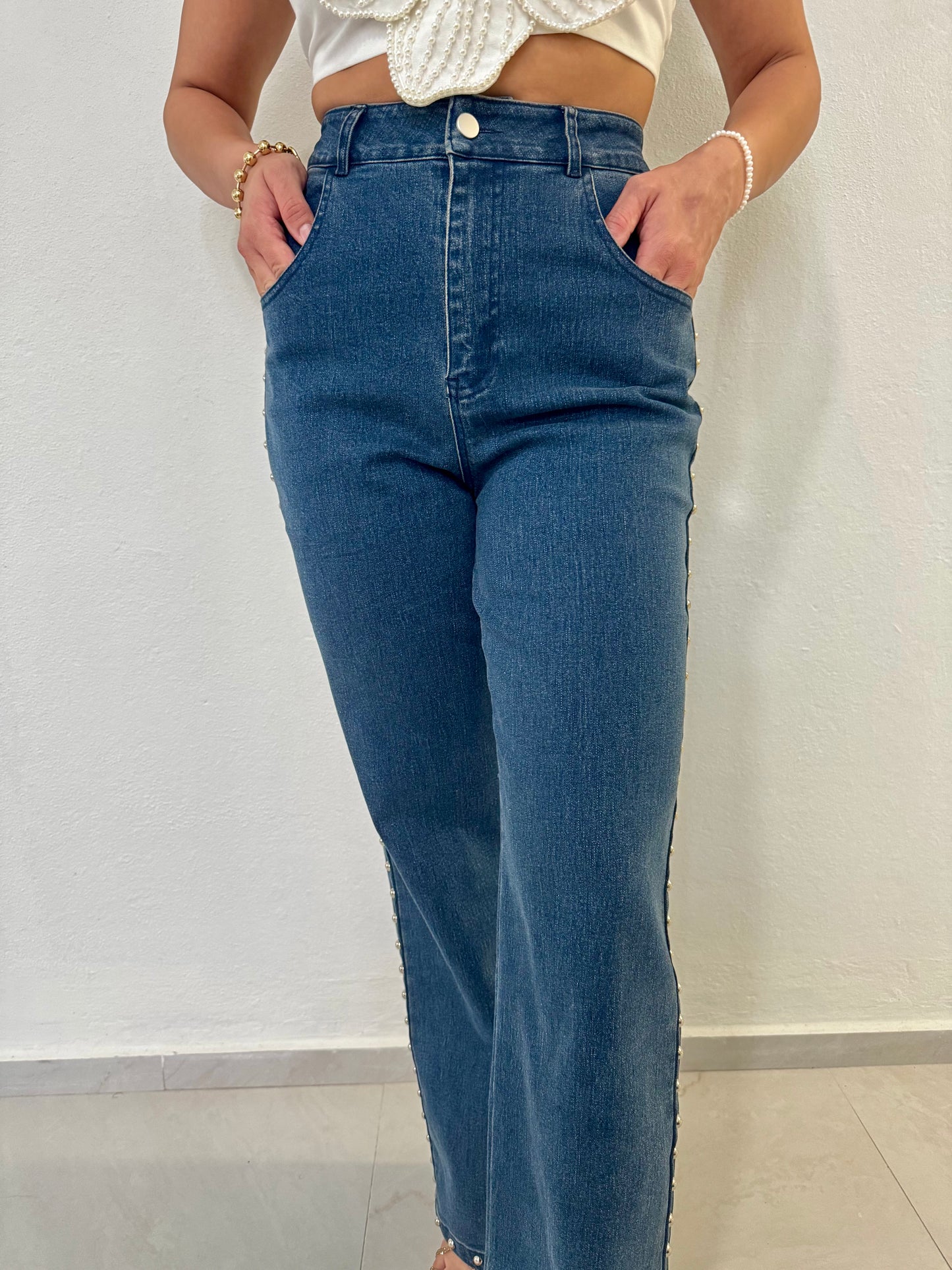 Studded High-waisted Denim Straight-leg Pants, Cotton, Small, Medium & Large