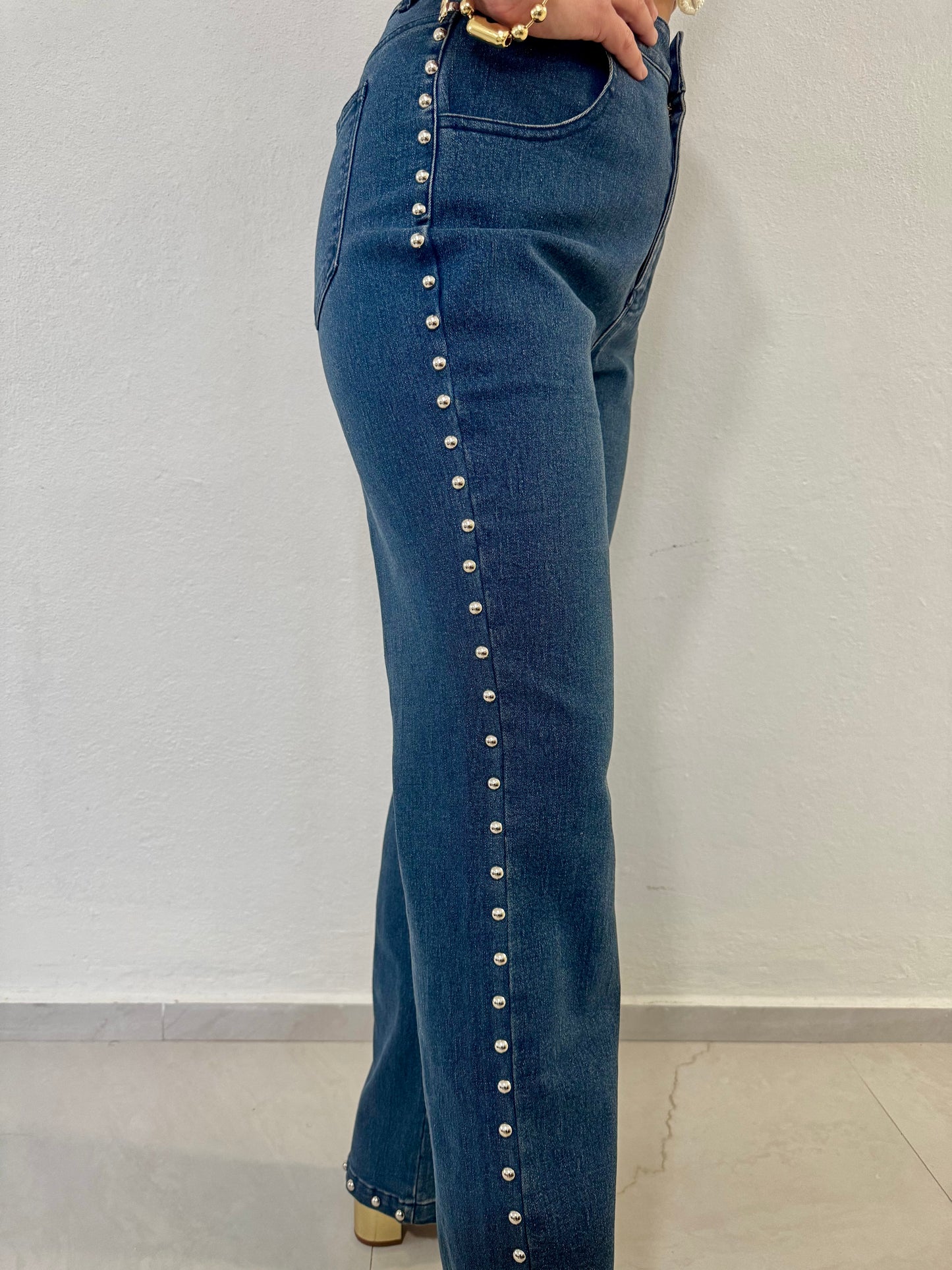 Studded High-waisted Denim Straight-leg Pants, Cotton, Small, Medium & Large