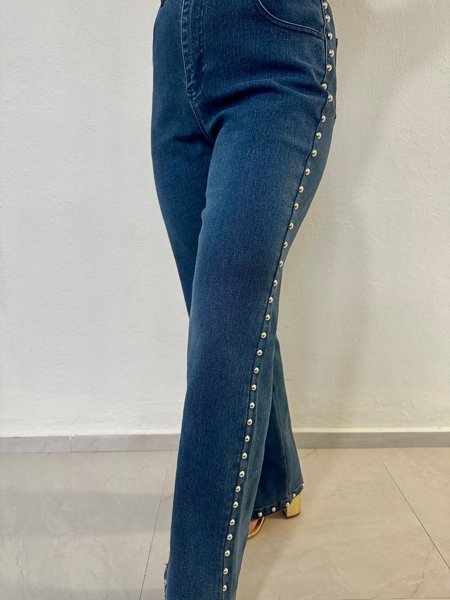 Studded High-waisted Denim Straight-leg Pants, Cotton, Small, Medium & Large
