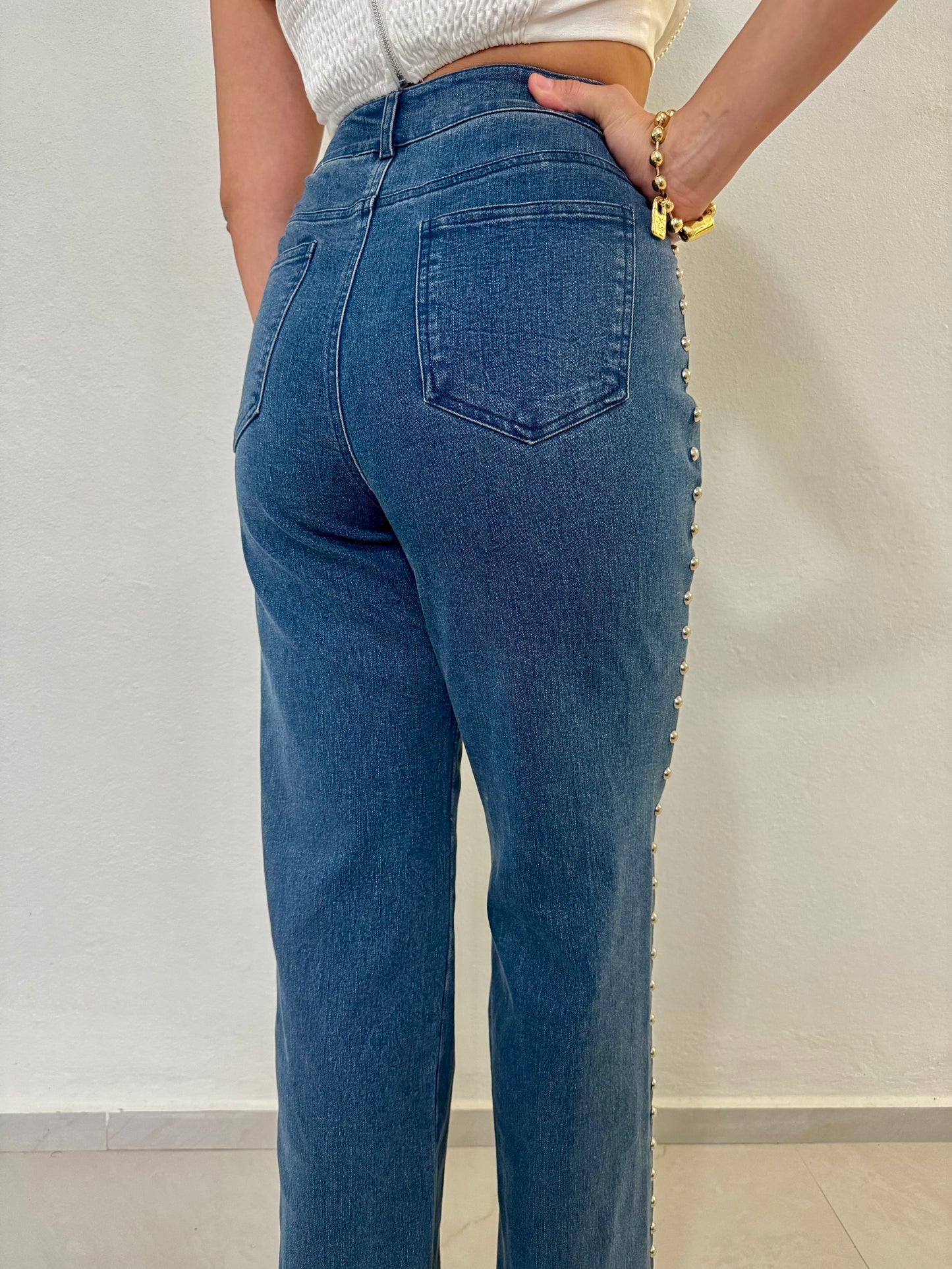 Studded High-waisted Denim Straight-leg Pants, Cotton, Small, Medium & Large