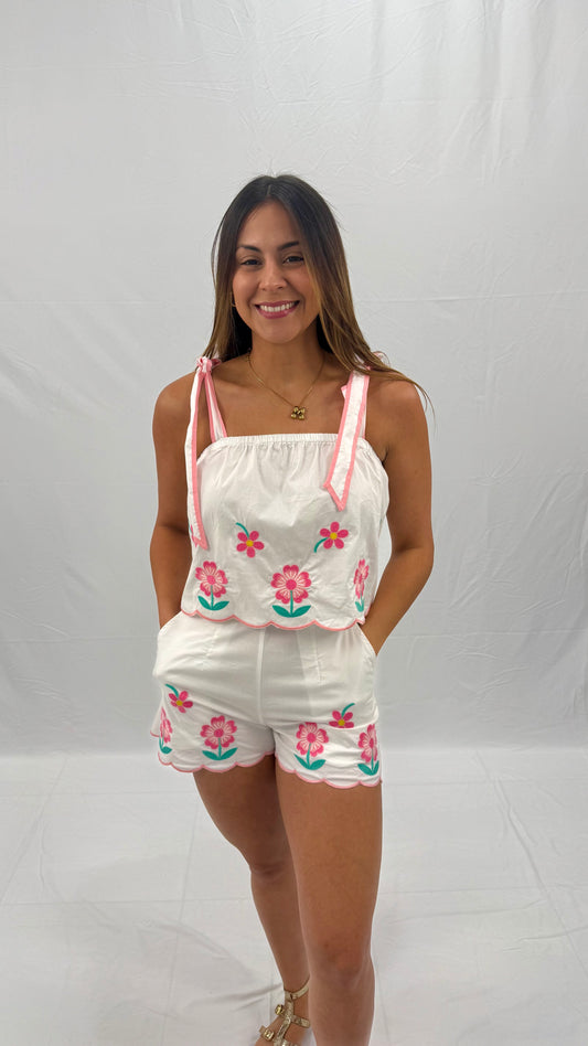 White, Floral & Pink Cotton Top And Short Set, Small, Medium & Large