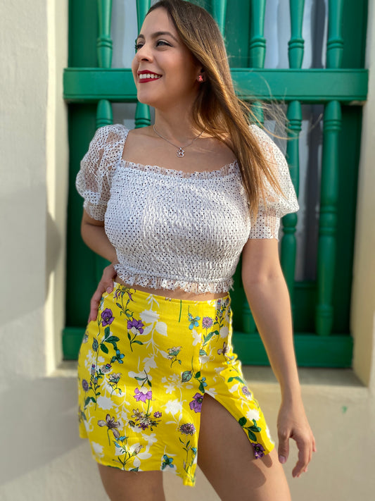 Women Skirt, Yellow with Flower, Small to Large