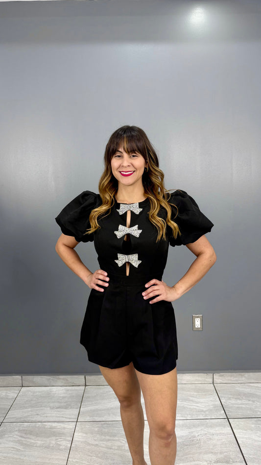 Black Romper & Silver Bow, Small, Medium & Large