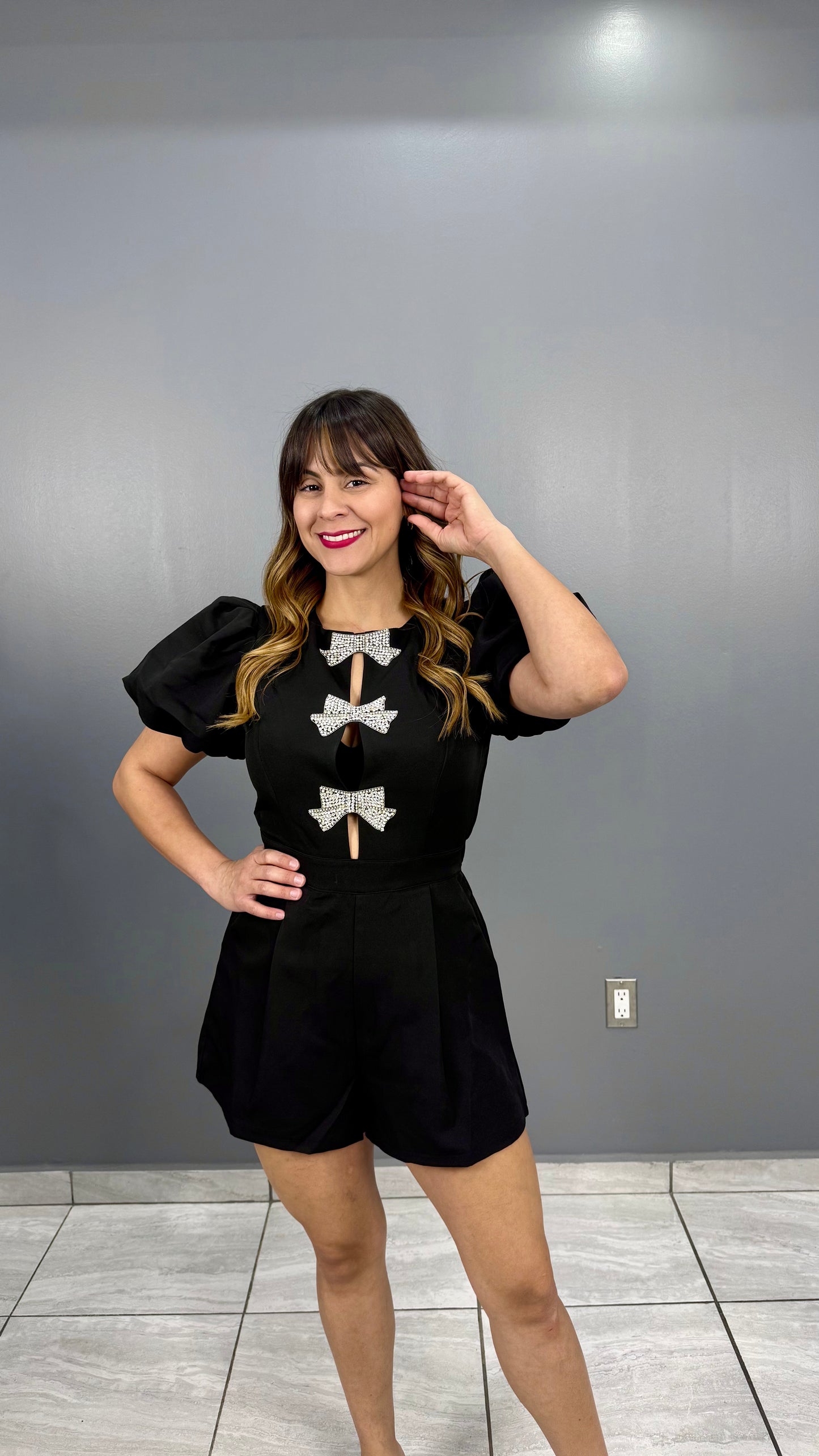 Black Romper & Silver Bow, Small, Medium & Large