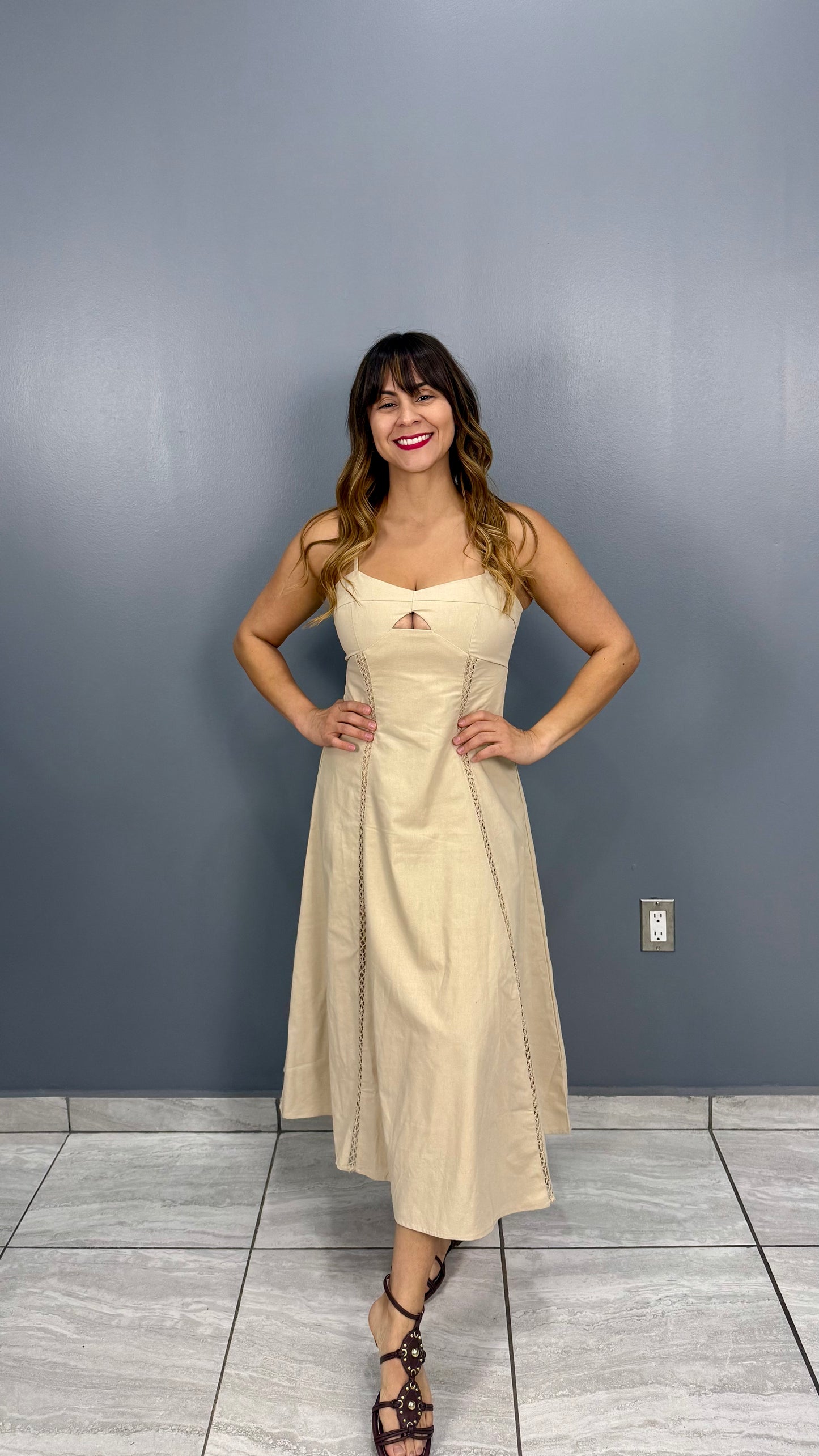 Beige Linen Midi Dress, Small, Medium & Large