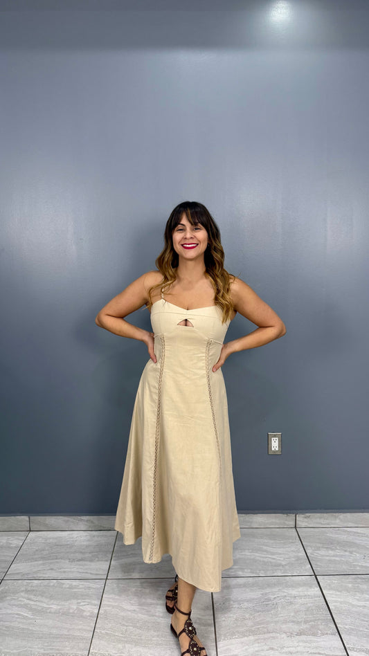 Beige Linen Midi Dress, Small, Medium & Large