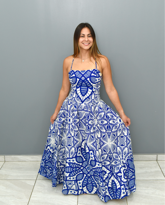 Blue and White Dress, Cotton, Small, Medium & Large
